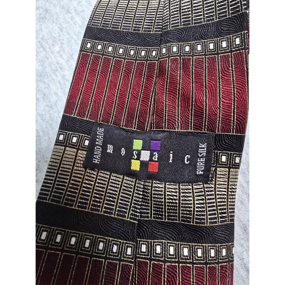 Mosaic Tie Silk Black Gray Maroon Geometric Stripe Design Hand Made